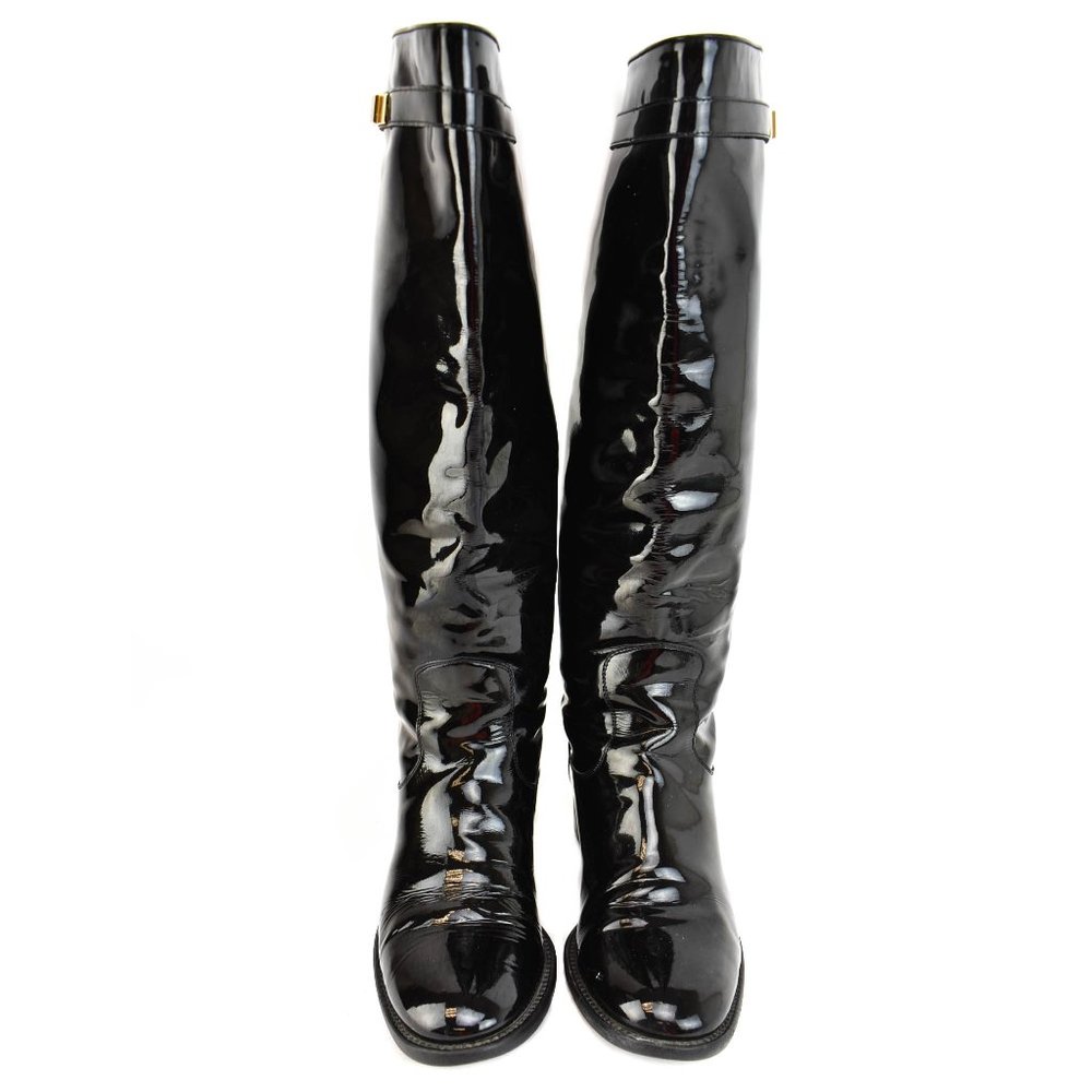 FENDI: Black, Patent Leather & Logo Tall Boots - Picture 4 of 11